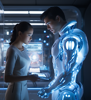 A women scientist working on a male android